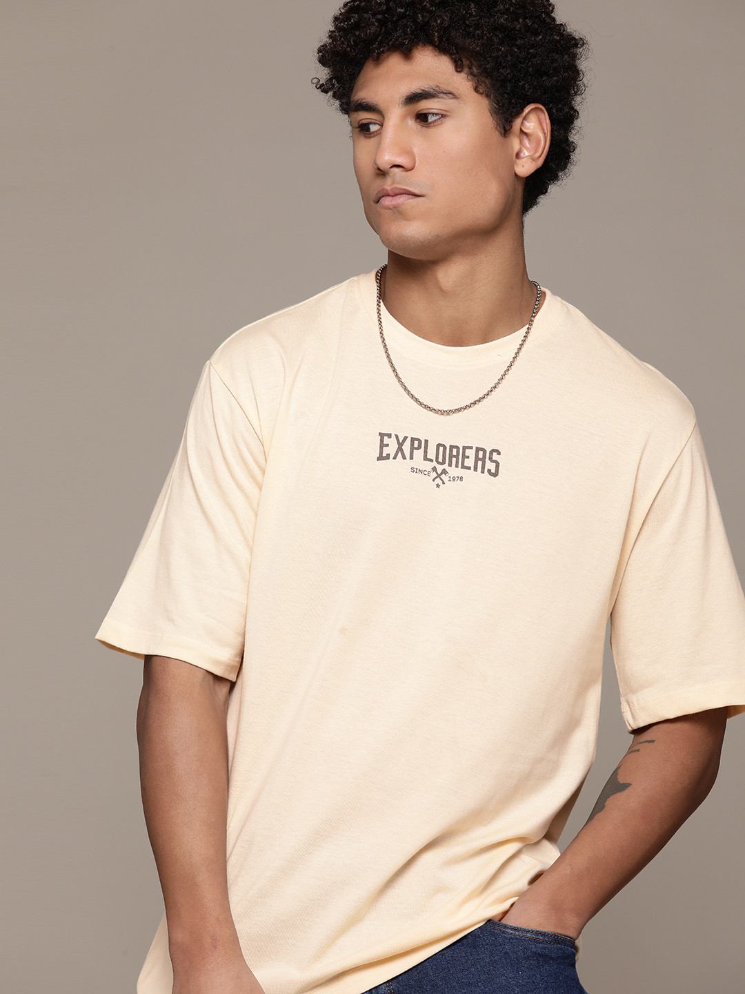 

Roadster The Lifestyle Co. Typography Printed Oversized T-shirt, Beige
