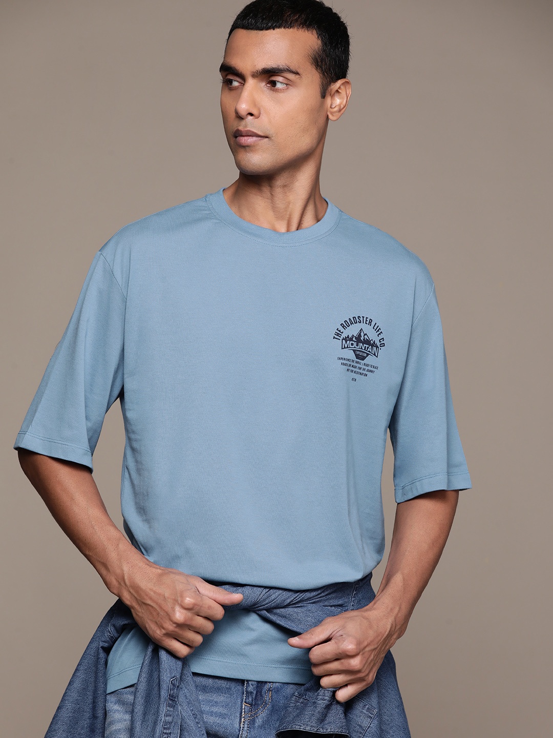 

The Roadster Lifestyle Co. Brand Logo Printed Round-Neck Oversized T-shirt, Blue