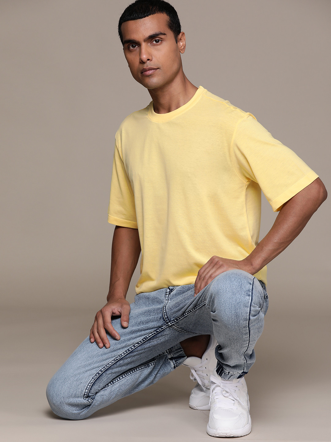 

The Roadster Lifestyle Co. Round-Neck Drop-Shoulder Sleeves Relaxed Fit T-shirt, Yellow