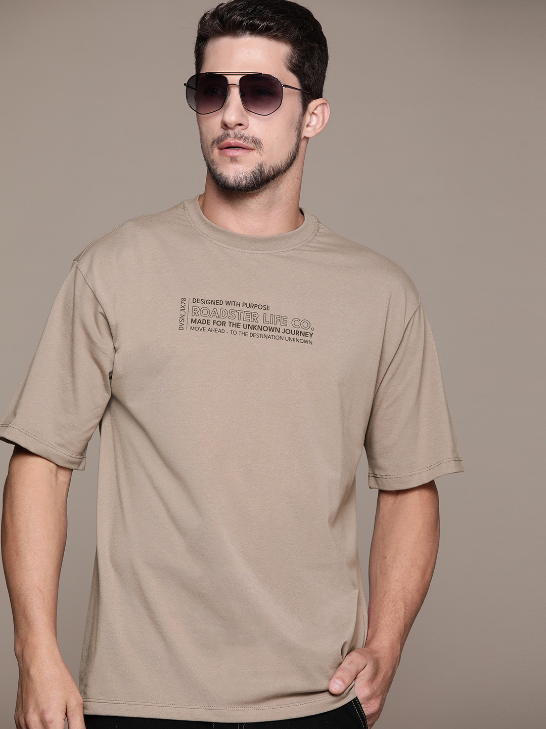 

The Roadster Lifestyle Co. Printed Drop-Shoulder Sleeves Relaxed T-shirt, Taupe