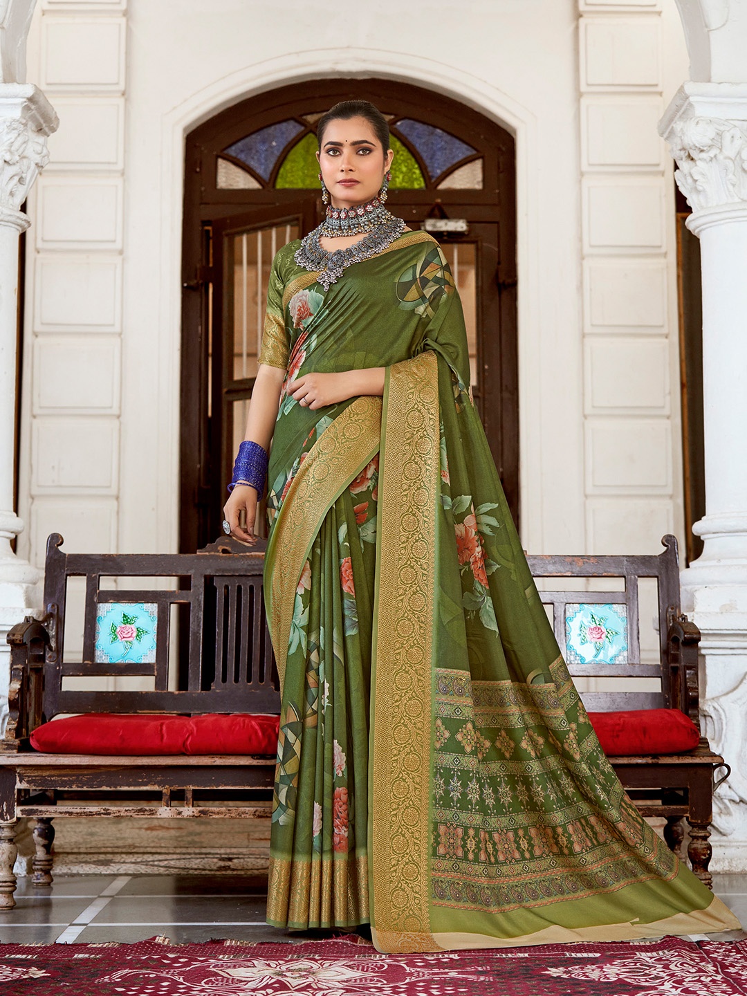 

Mitera Floral Zari Silk Blend Saree, Green