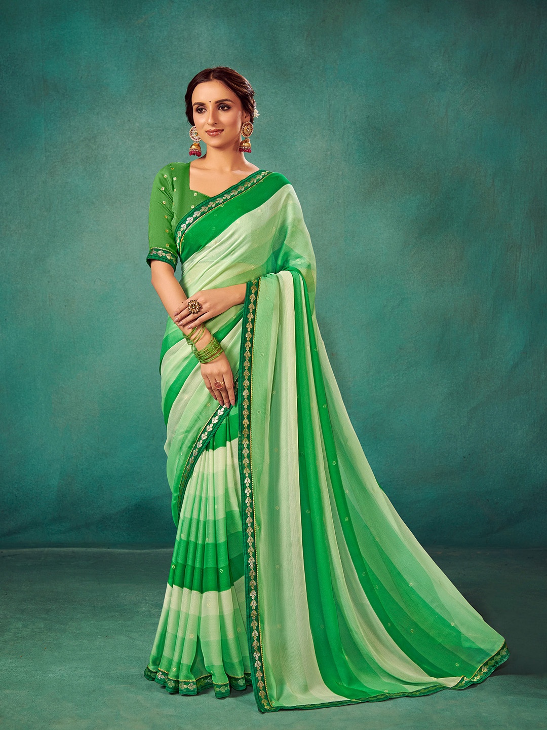 

Mitera Embellished Embroidered Pure Chiffon Saree, Olive
