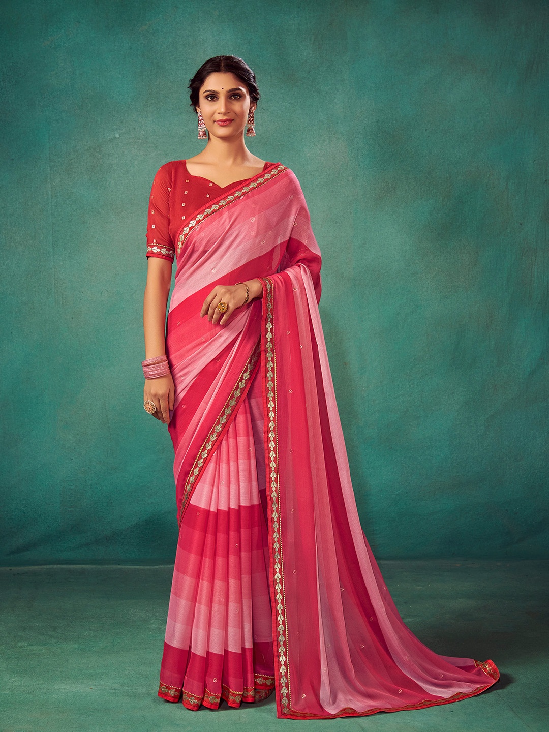 

Mitera Colourblocked Pure Chiffon Saree, Red