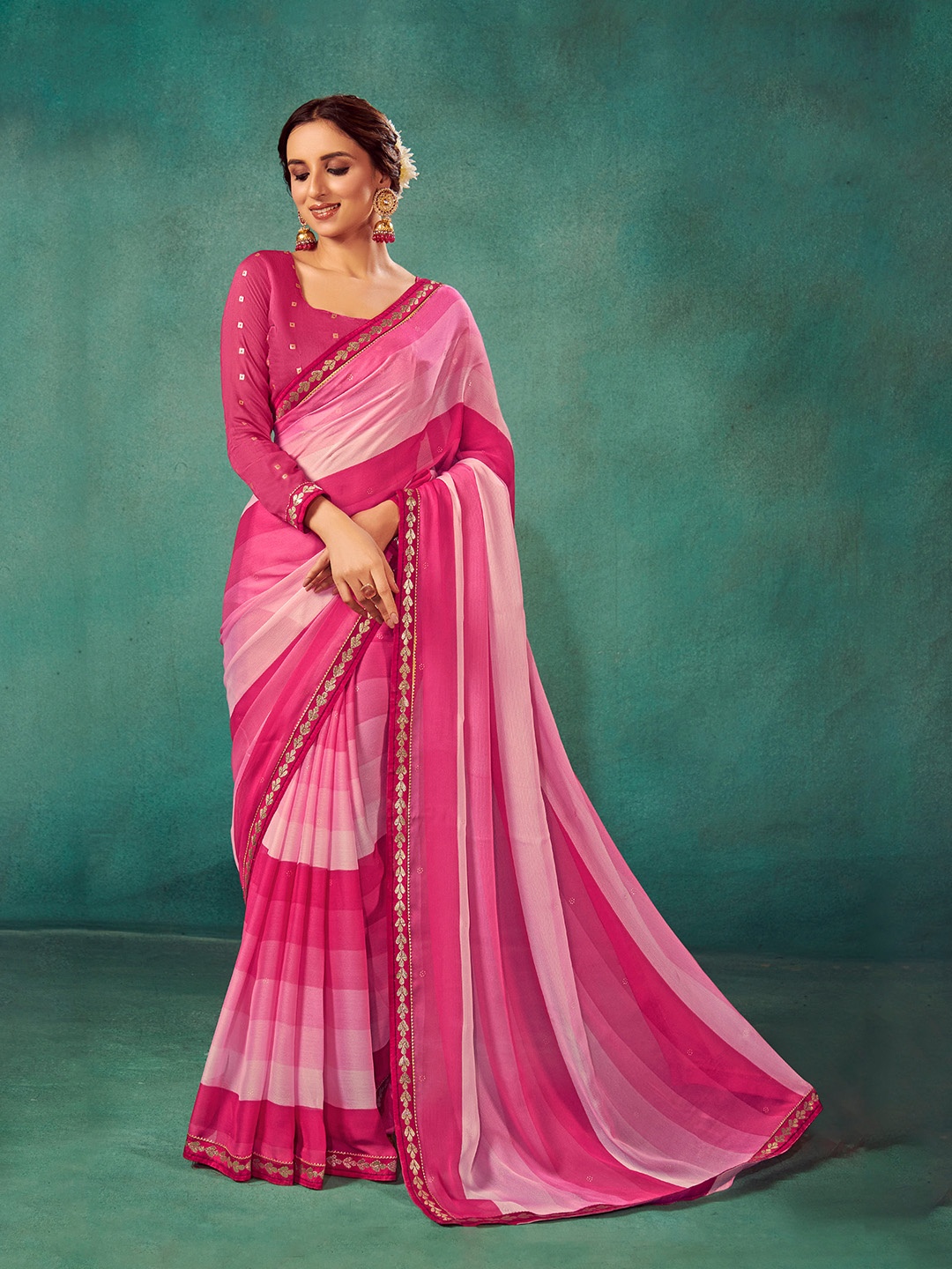 

Mitera Ombre Embroidered Pure Chiffon Saree, Pink