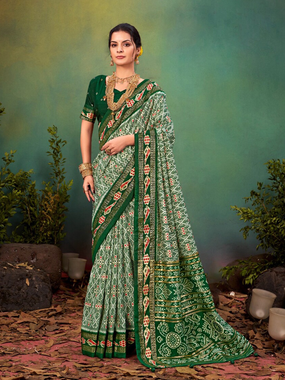 

Mitera Geometric Printed Zari Ikat Saree, Green