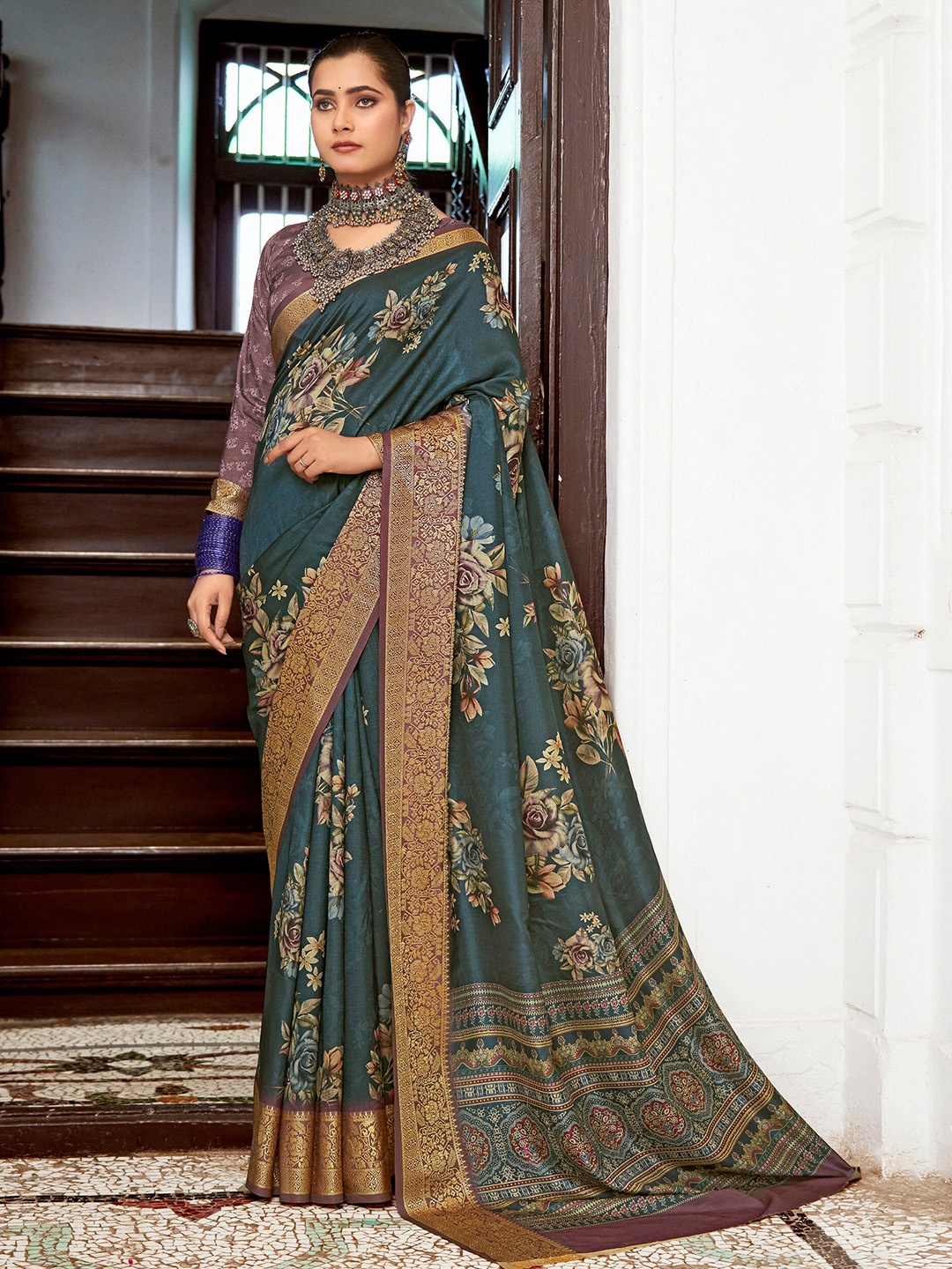

Mitera Green & Gold Toned Floral Printed Zari Saree
