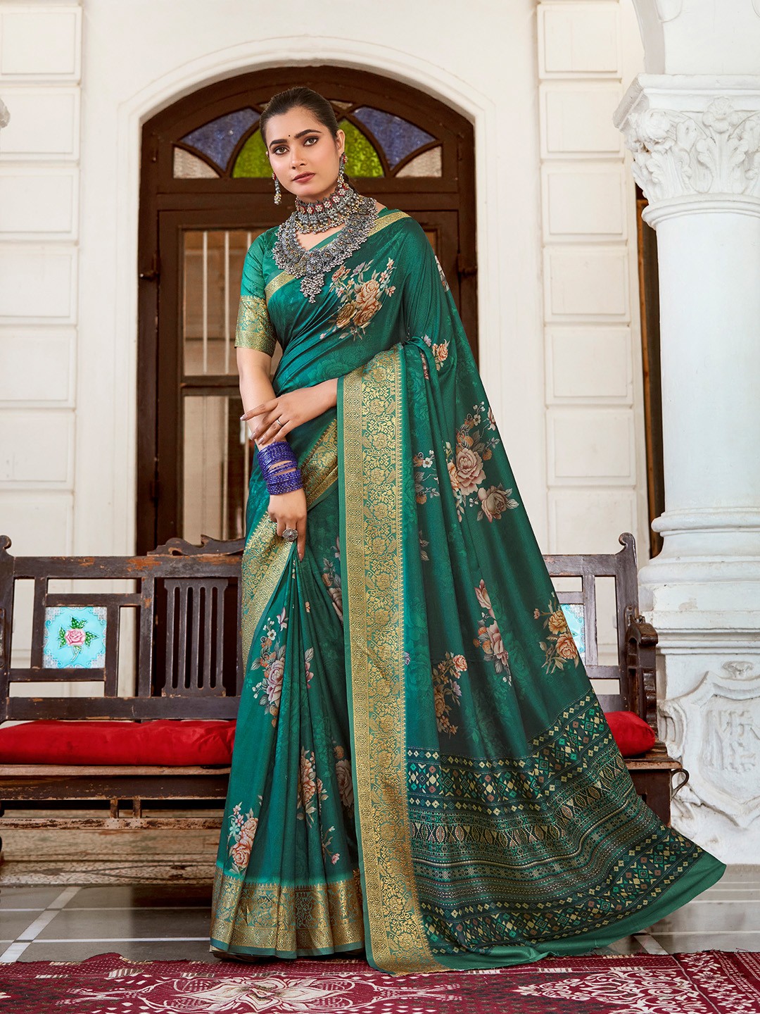 

Mitera Green & Gold Toned Floral Printed Zari Saree, Sea green