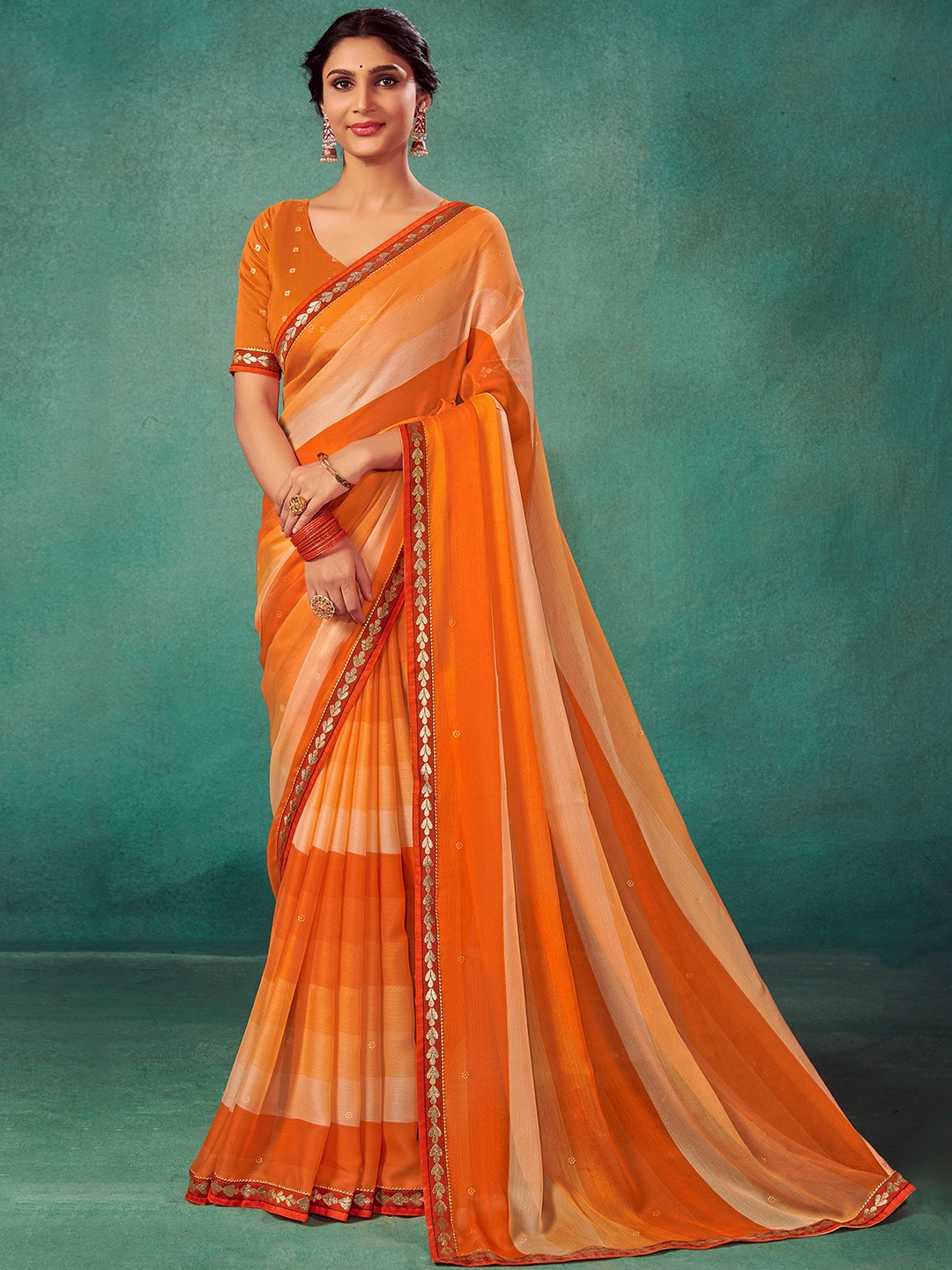 

Mitera Orange & Gold Toned Ombre Printed Pure Chiffon Saree