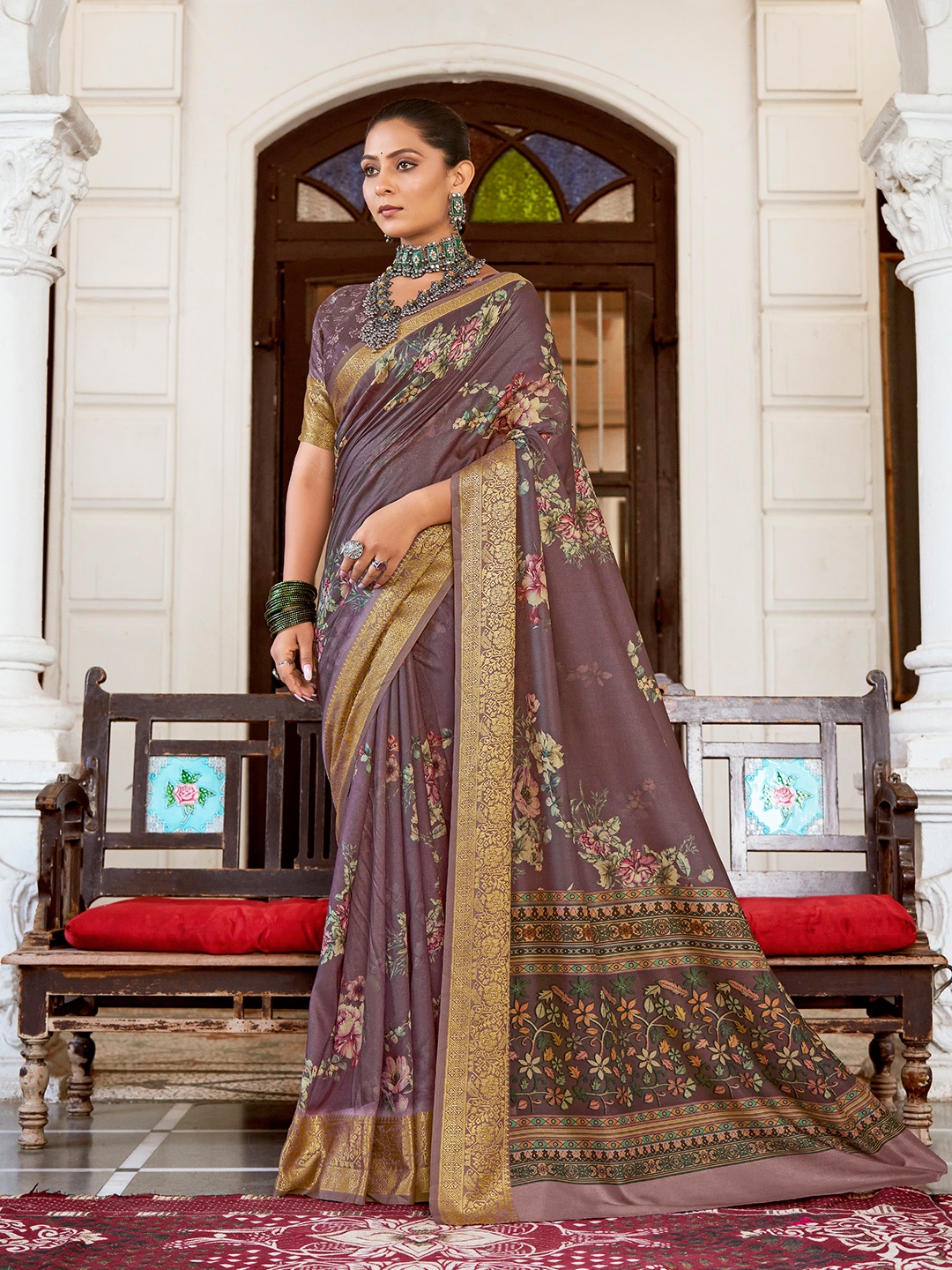 

Mitera Purple & Gold Toned Floral Printed Zari Saree