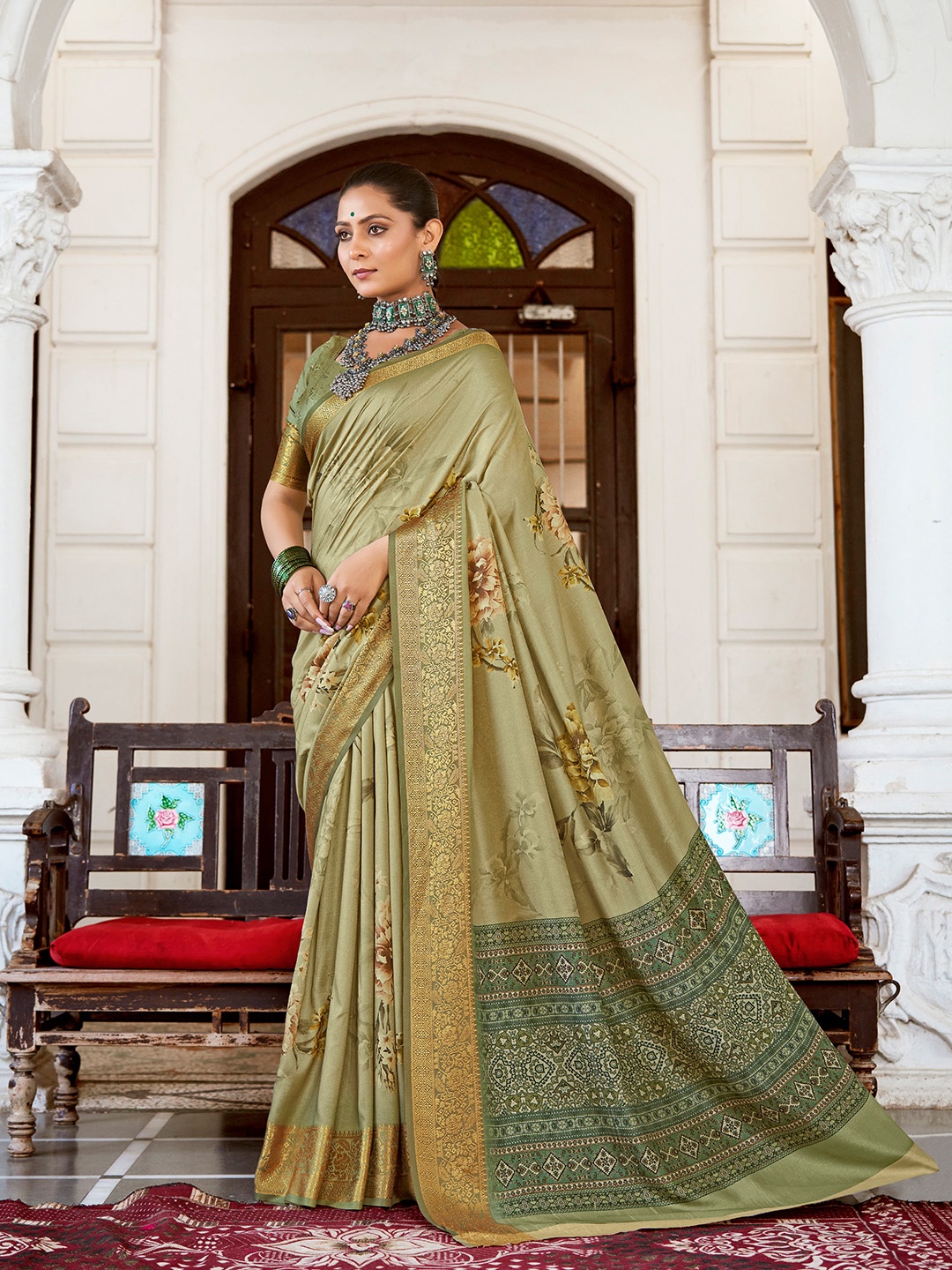 

Mitera Khaki & Green Floral Printed Zari Saree