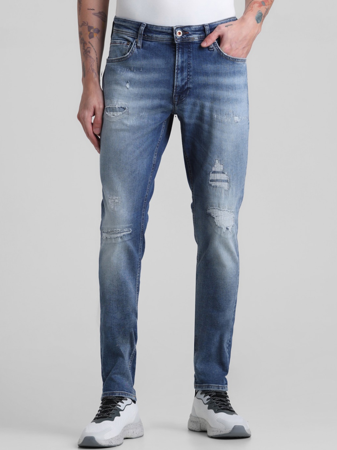 

Jack & Jones Men Skinny Fit Low-Rise Mildly Distressed Heavy Fade Stretchable Jeans, Blue