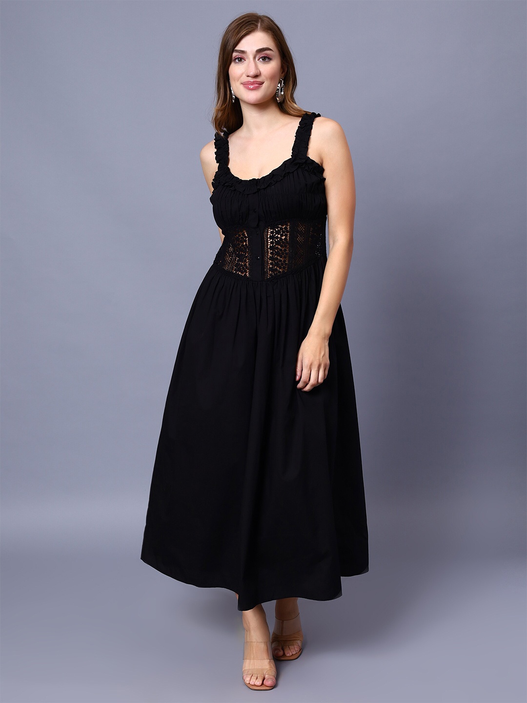 

Amagyaa Shoulder Straps Sleeveless Lace-Up Cotton Maxi Dress, Black