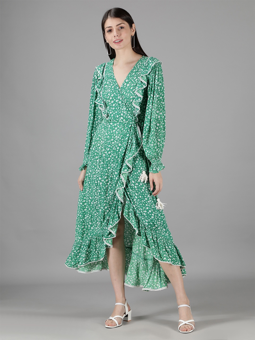 

Amagyaa Floral Printed V-Neck Puff Sleeve Crepe Wrap Midi Dress, Green