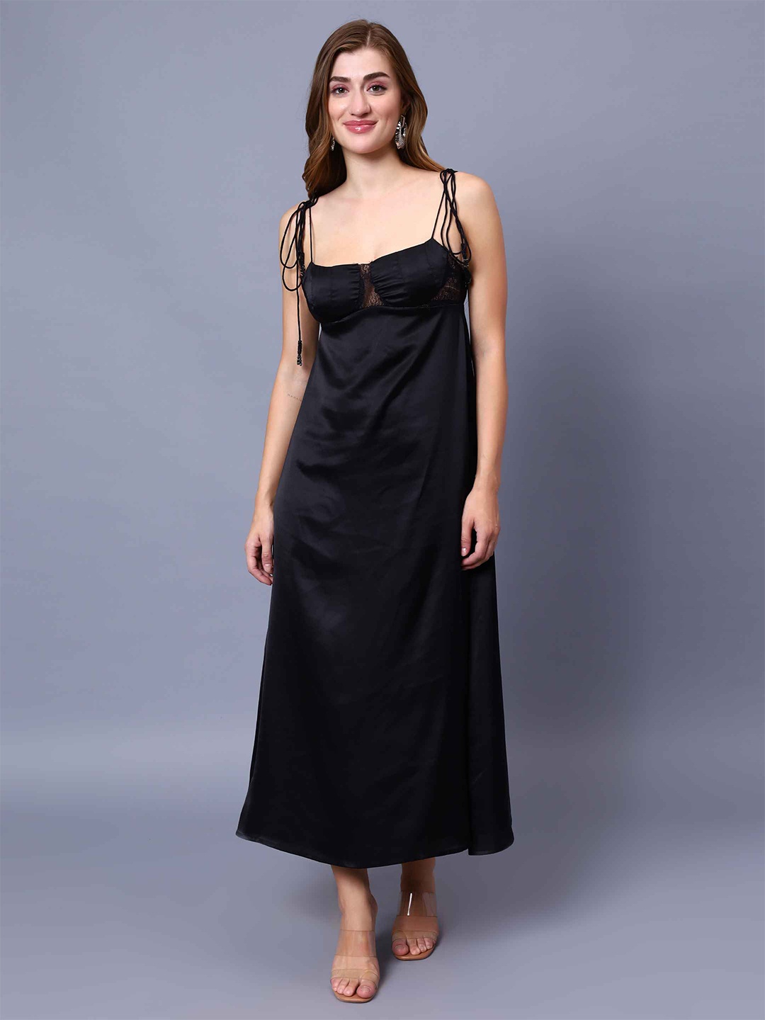 

Amagyaa Shoulder Straps Sleeveless Lace-Up Satin Maxi Dress, Black