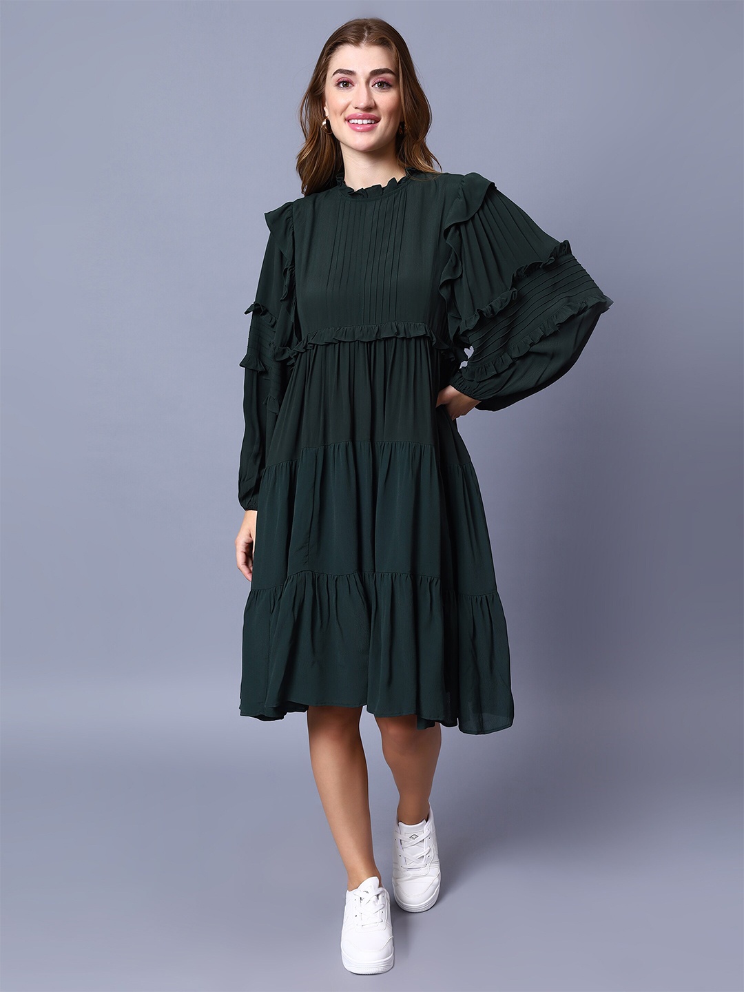 

Amagyaa Round Neck Puff Sleeve Gathered Tiered Crepe Fit & Flare Midi Dress, Green