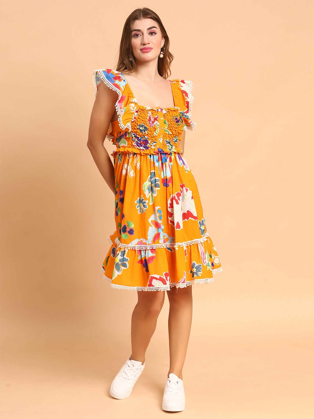 

Amagyaa Floral Printed Square Neck Cap Sleeves Smocked Cotton Linen Fit & Flare Dress, Orange