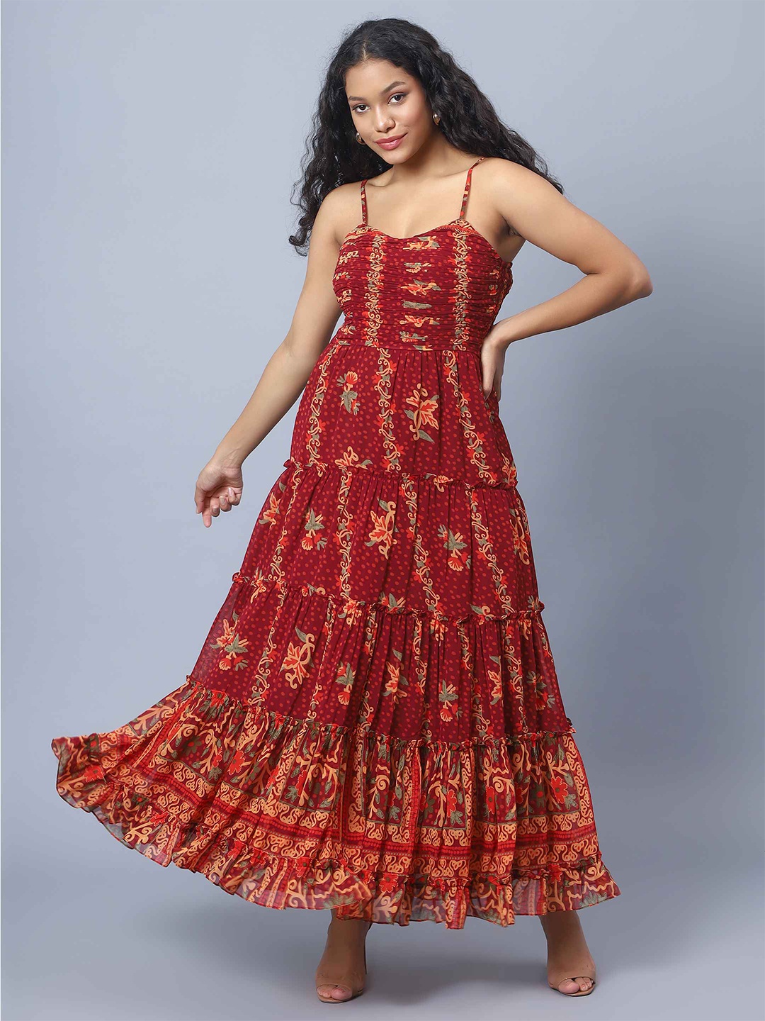 

Amagyaa Floral Printed Shoulder Straps Smocked Tiered Georgette Maxi Dress, Maroon