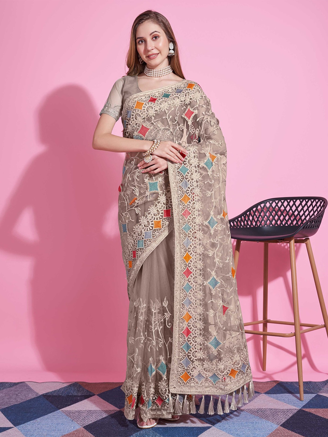 

Mitera Embellished Beads and Stones Net Heavy Work Saree, Beige