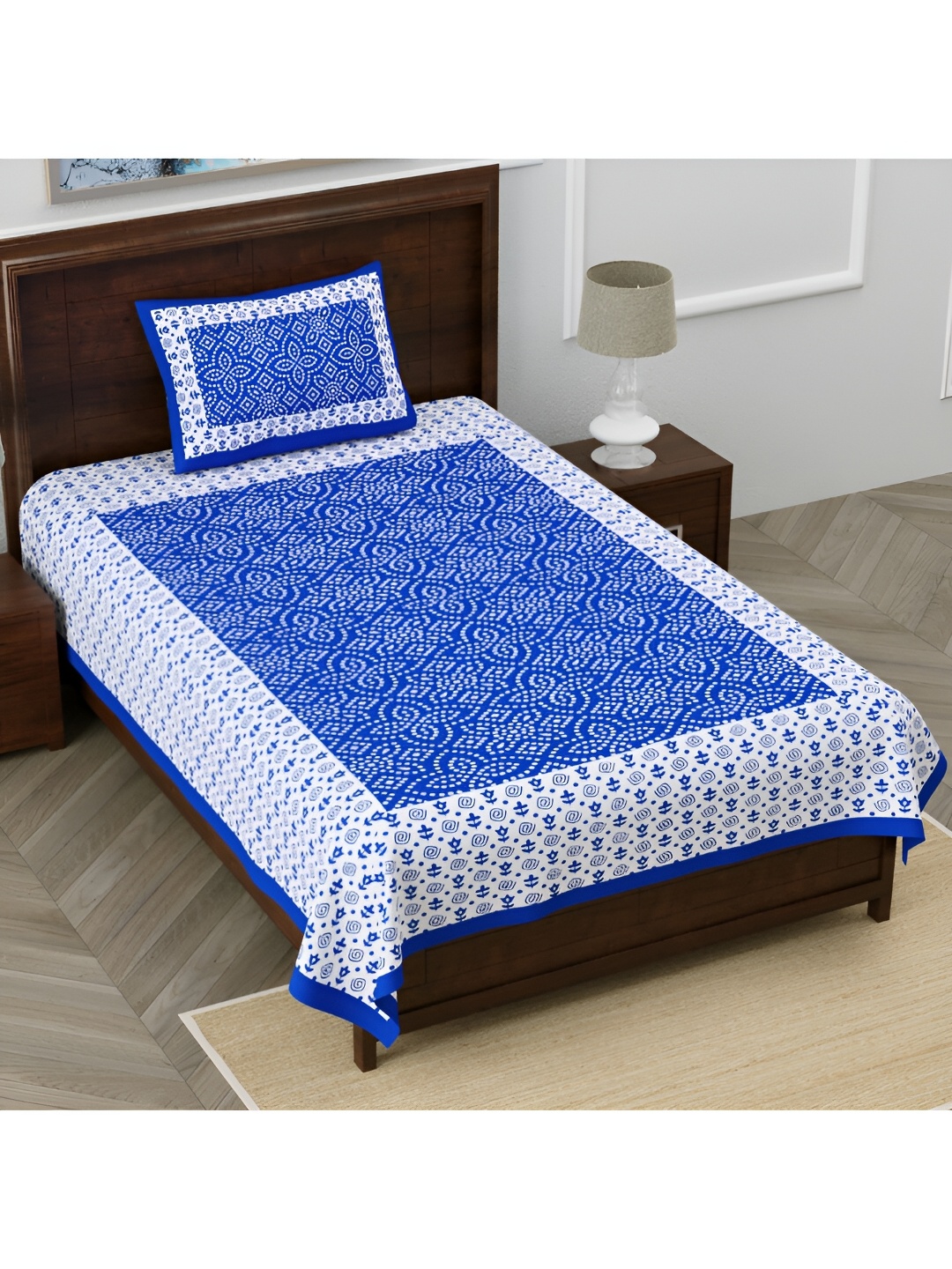 

POORAK Blue & White Geometric 104 TC Cotton Single Bedsheet with 1 Pillow Cover