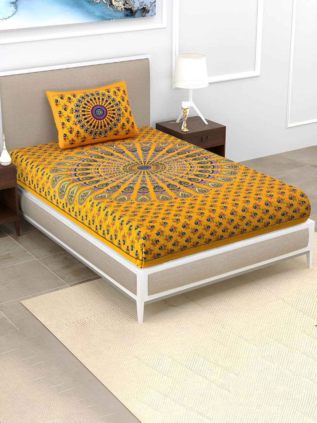 

POORAK Yellow & Blue Floral 104 TC Cotton Single Bedsheet with 1 Pillow Cover