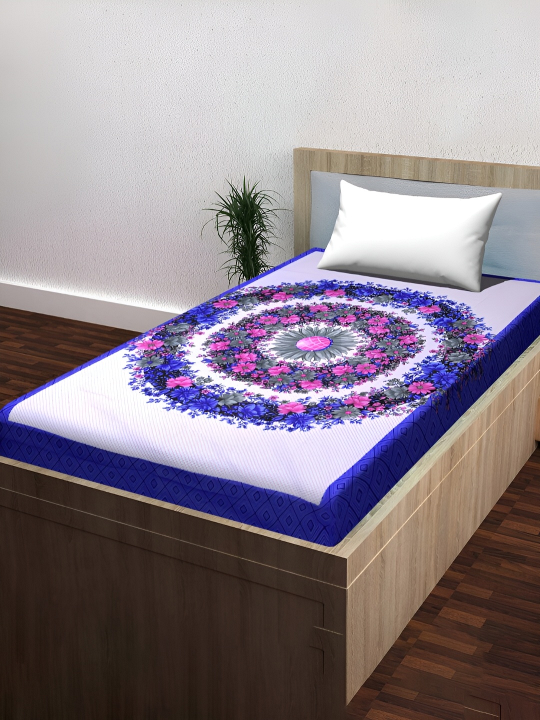 

POORAK Blue & White Floral 104 TC Cotton Single Bedsheet with 1 Pillow Cover