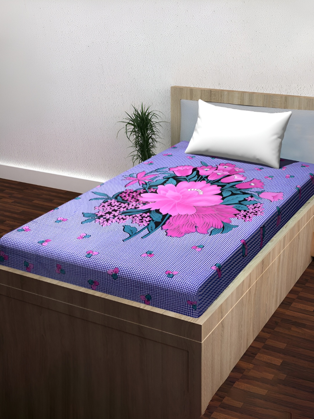 

POORAK Purple & Pink Floral Printed 104 TC Cotton Single Bedsheet with 1 Pillow Cover