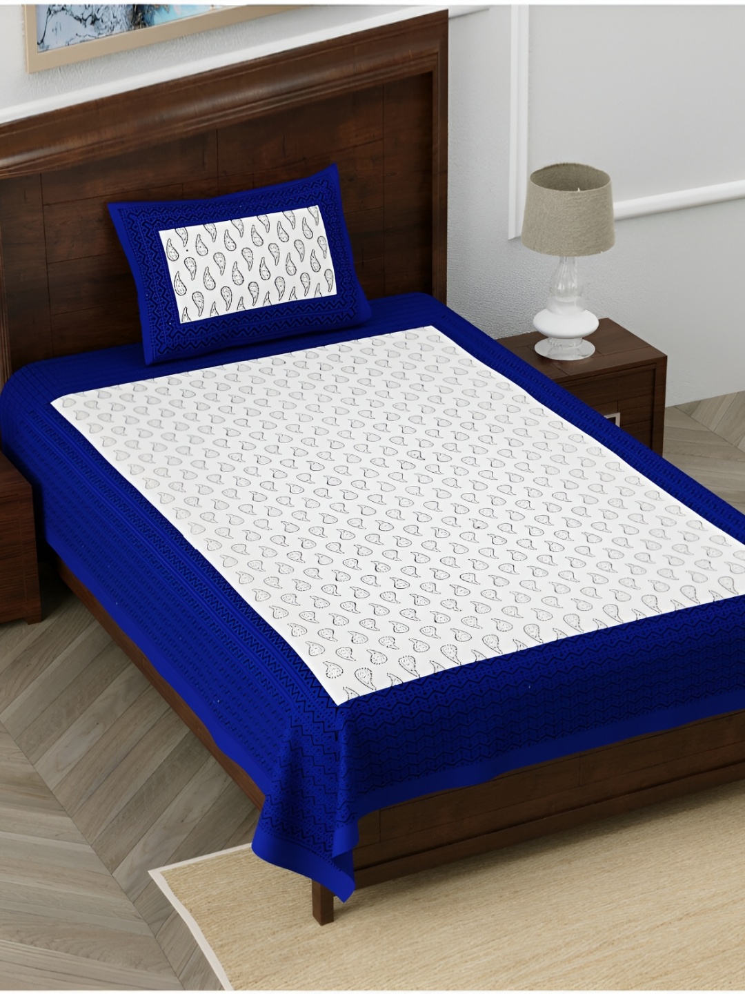 

POORAK Blue & White Ethnic Motifs Cotton 104 TC Single Bedsheet With 1 Pillow Cover