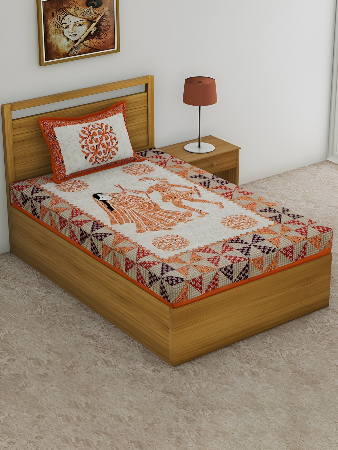 

POORAK Orange & White Abstract Cotton 104 TC Single Bedsheet with 1 Pillow Covers