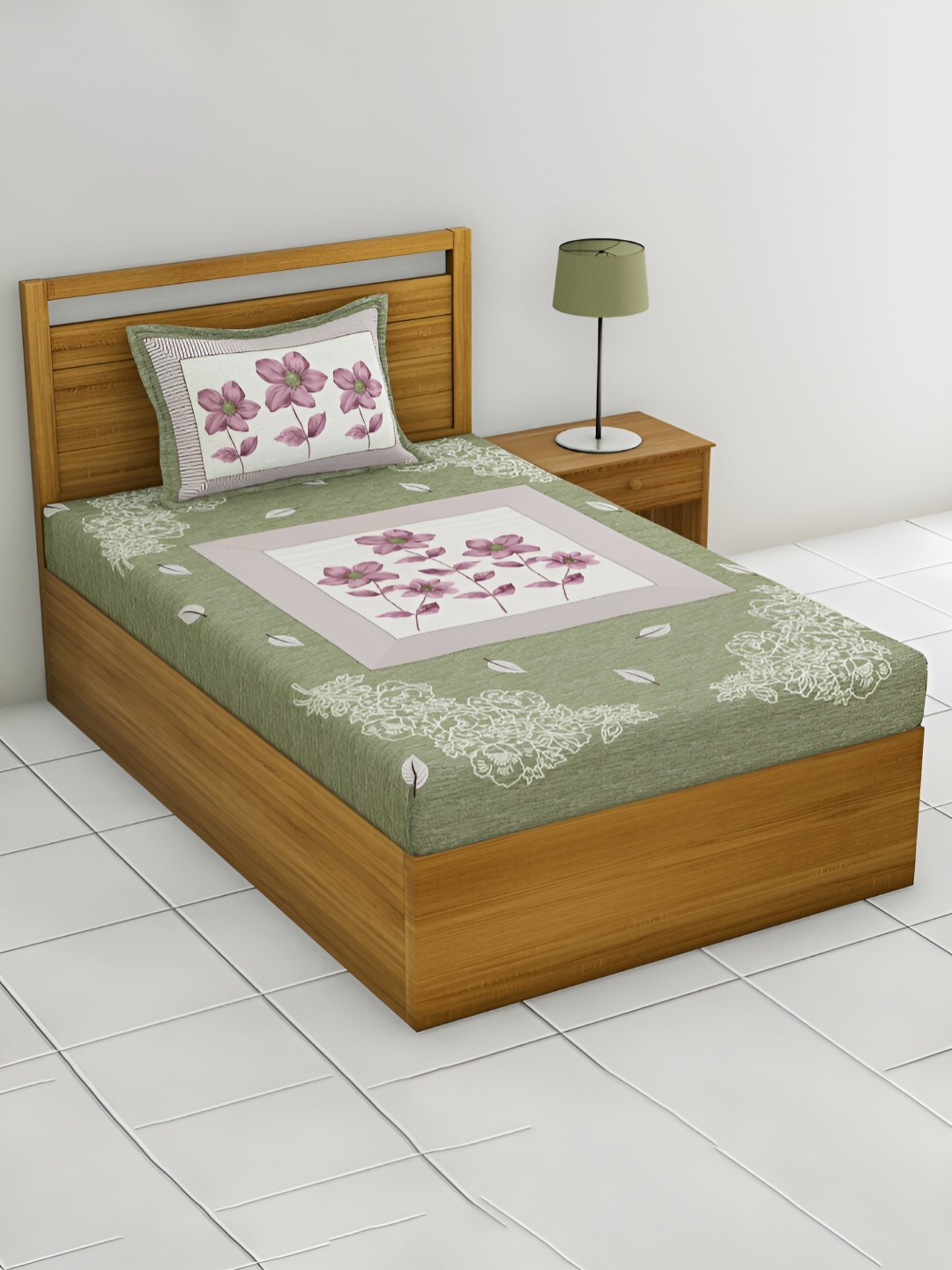 

POORAK Green & White Floral Printed 104 TC Single Bedsheet With 1 Pillow Cover