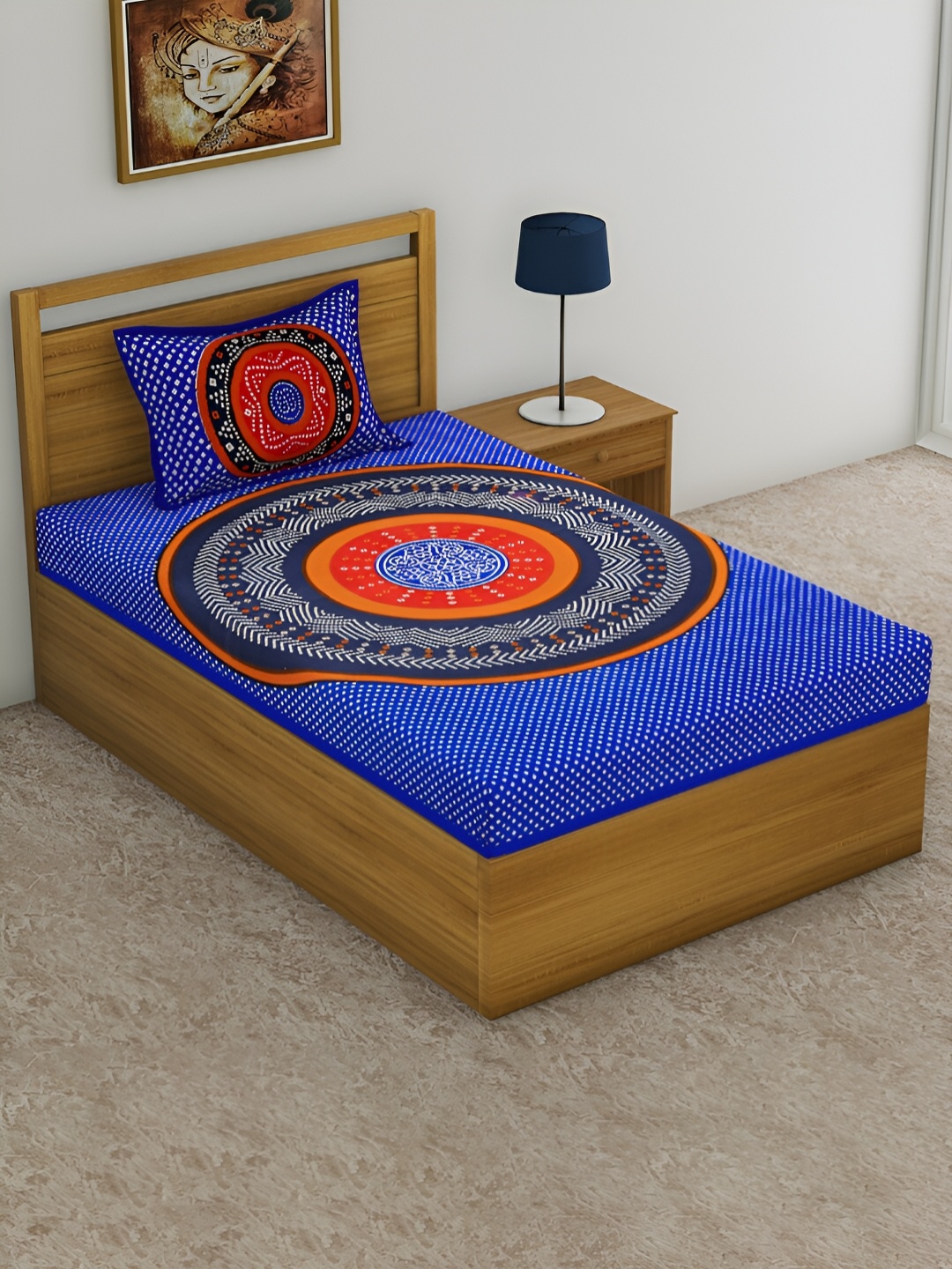 

POORAK Blue & Orange Geometric Cotton 104 TC Single Bedsheet with 1 Pillow Covers