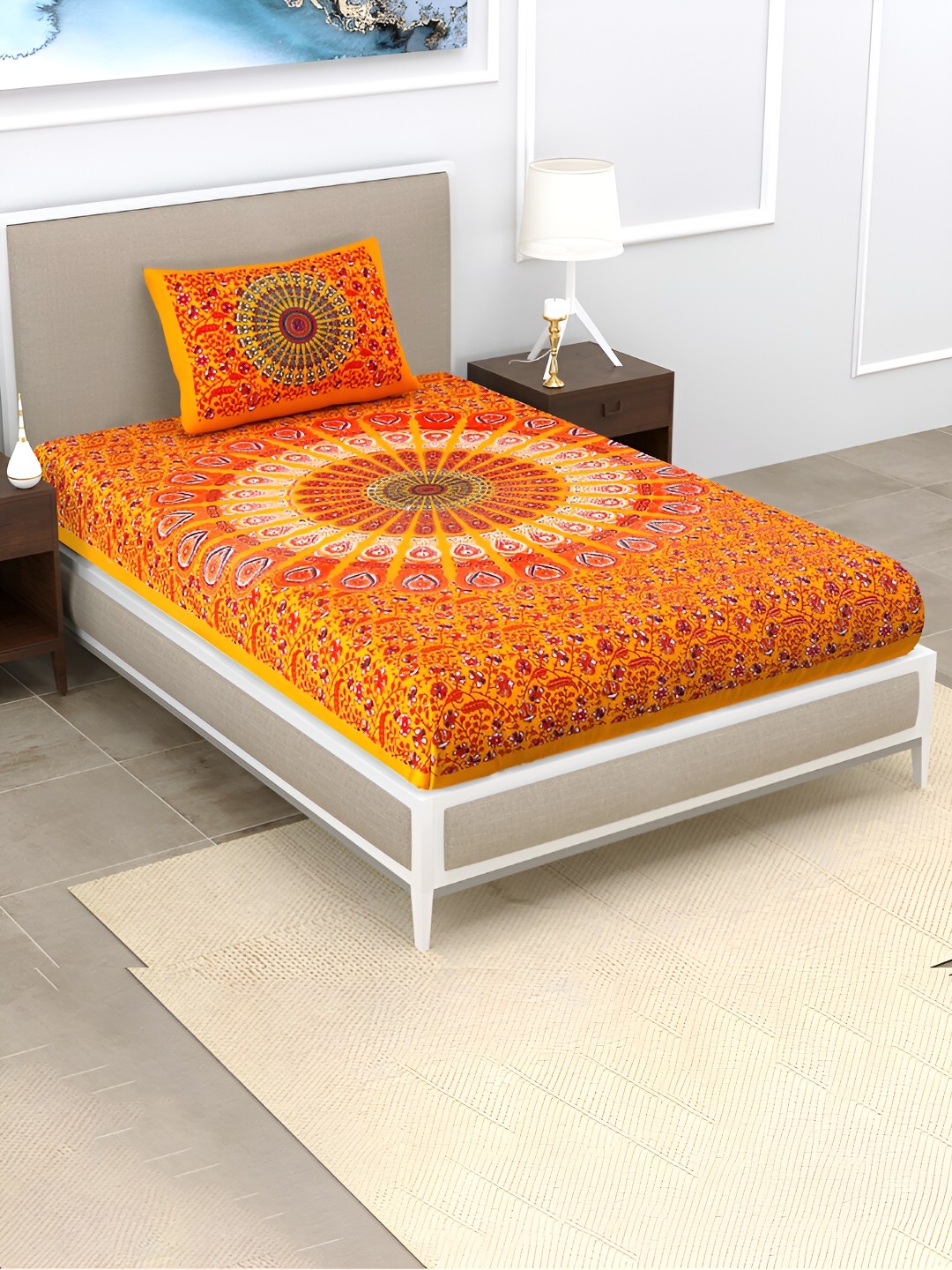 

POORAK Yellow & White Floral Cotton 104 TC Single Bedsheet With 1 Pillow Cover