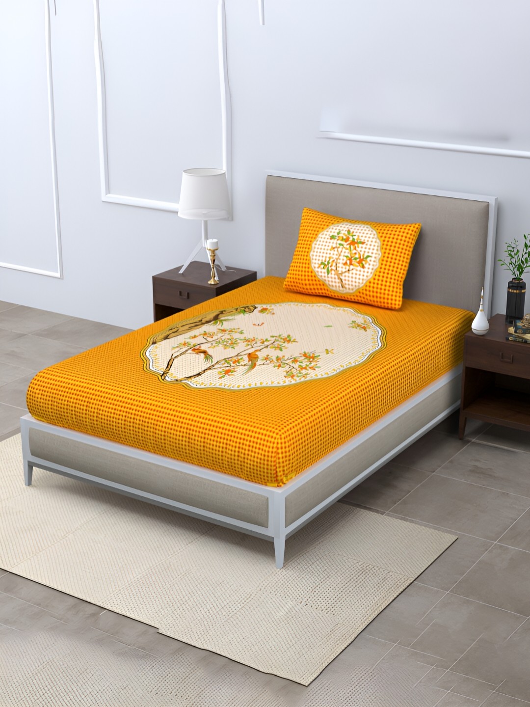 

POORAK Yellow & Cream Ethnic Motifs Cotton 104 TC Single Bedsheet with 1 Pillow Covers