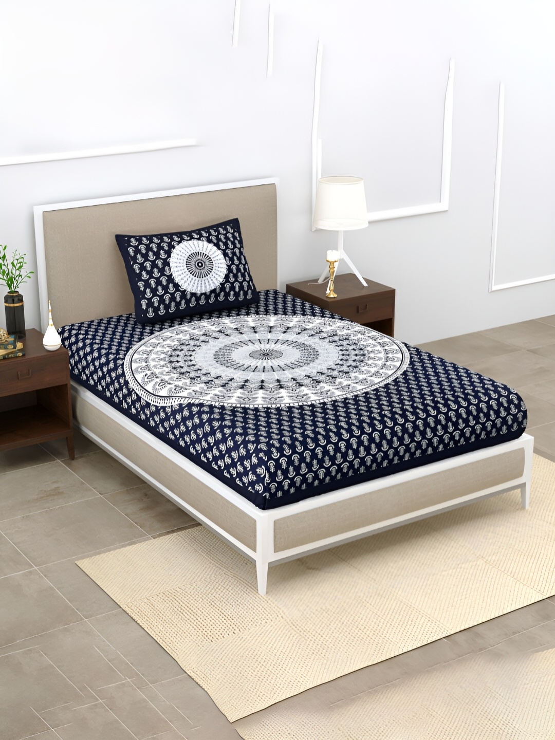 

POORAK Blue & White Ethnic Motifs Cotton 104 TC Single Bedsheet with 1 Pillow Covers