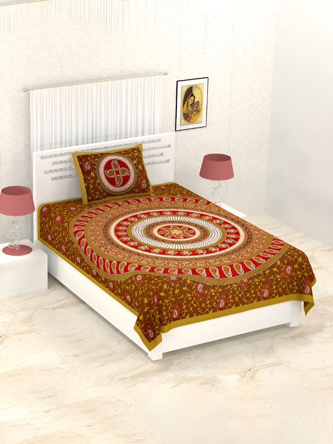 

POORAK Brown & Red Ethnic Motifs Cotton 104 TC Single Bedsheet with 1 Pillow Covers