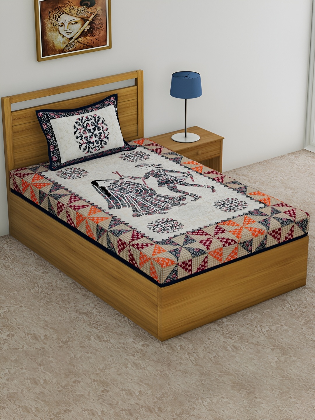 

POORAK Blue & White Ethnic Motifs Cotton 104 TC Single Bedsheet With 1 Pillow Cover