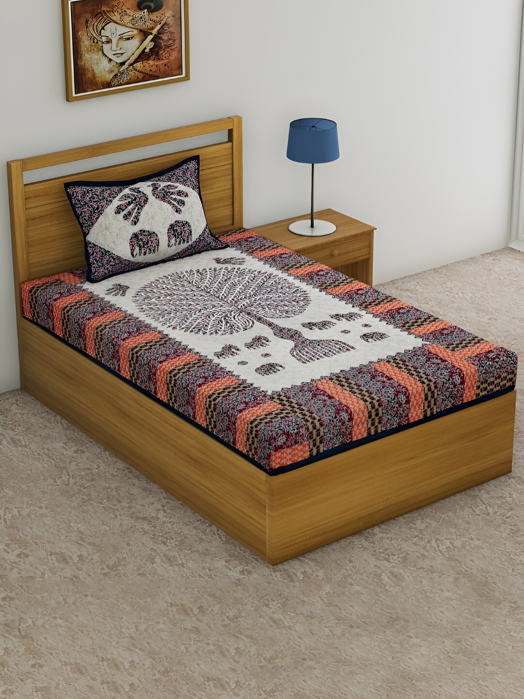 

POORAK Blue & Cream Ethnic Motifs Cotton 104 TC Single Bedsheet with 1 Pillow Cover