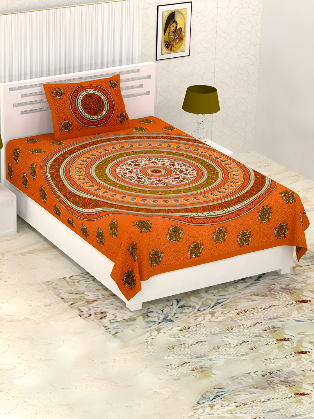 

POORAK Orange & Green Ethnic Motifs Cotton 104 TC Single Bedsheet with 1 Pillow Cover