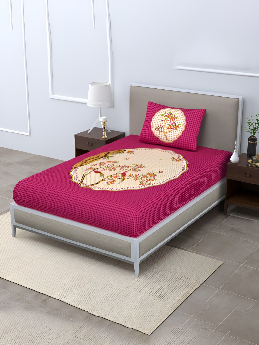 

POORAK Pink & Cream Floral Printed Cotton 104 TC Single Bedsheet With 1 Pillow Cover