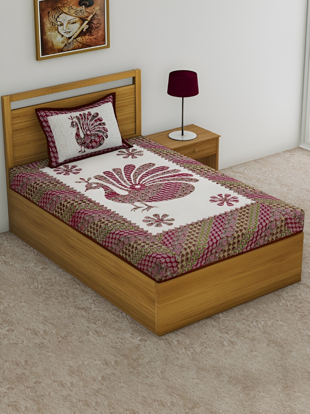 

POORAK Pink & White Ethnic Motifs 104 TC Cotton Single Bedsheet with 1 Pillow Cover