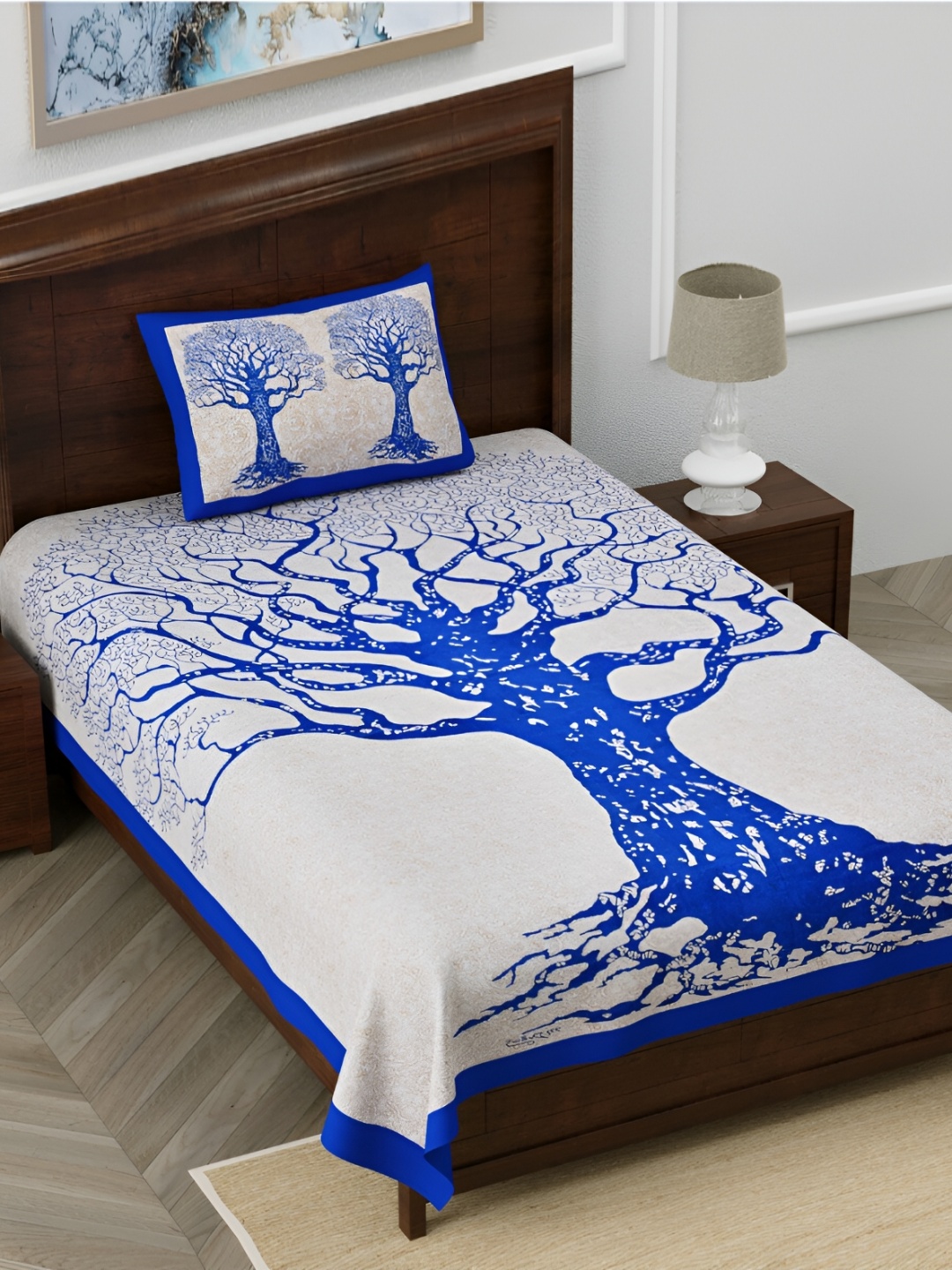 

POORAK Blue & White Ethnic Motifs 104 TC Cotton Single Bedsheet with 1 Pillow Cover