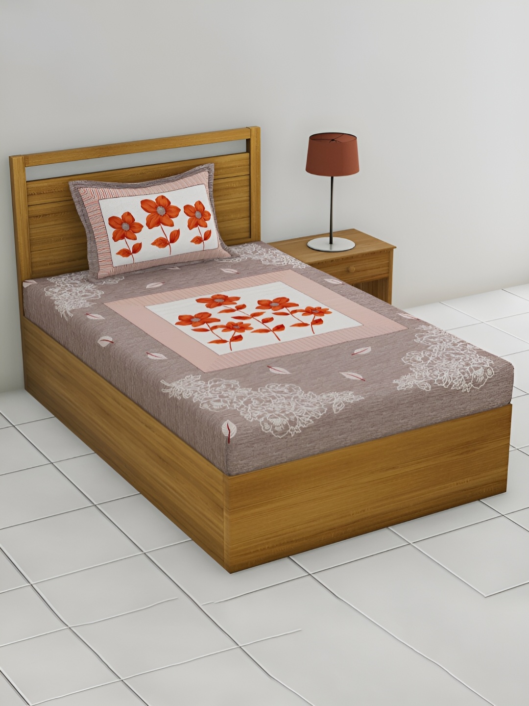 

POORAK Brown & Orange Floral Cotton 104 TC Single Bedsheet With 1 Pillow Cover