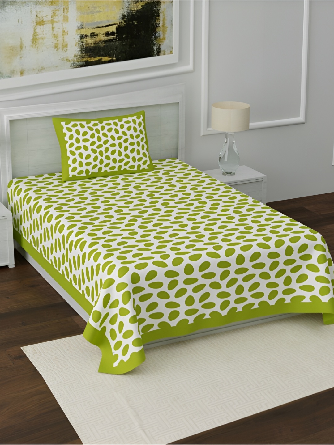 

POORAK Green & White Geometric 104 TC Cotton Single Bedsheet with 1 Pillow Cover