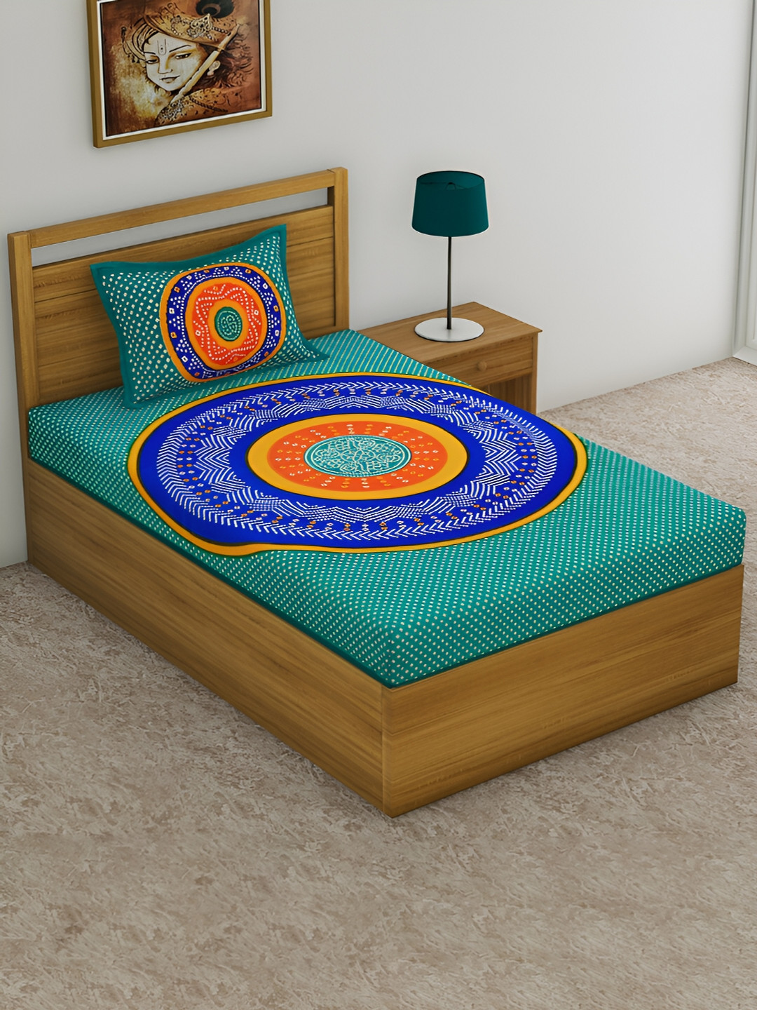 

POORAK Green & Orange Cotton 104 TC Single Bedsheet with 1 Pillow Covers
