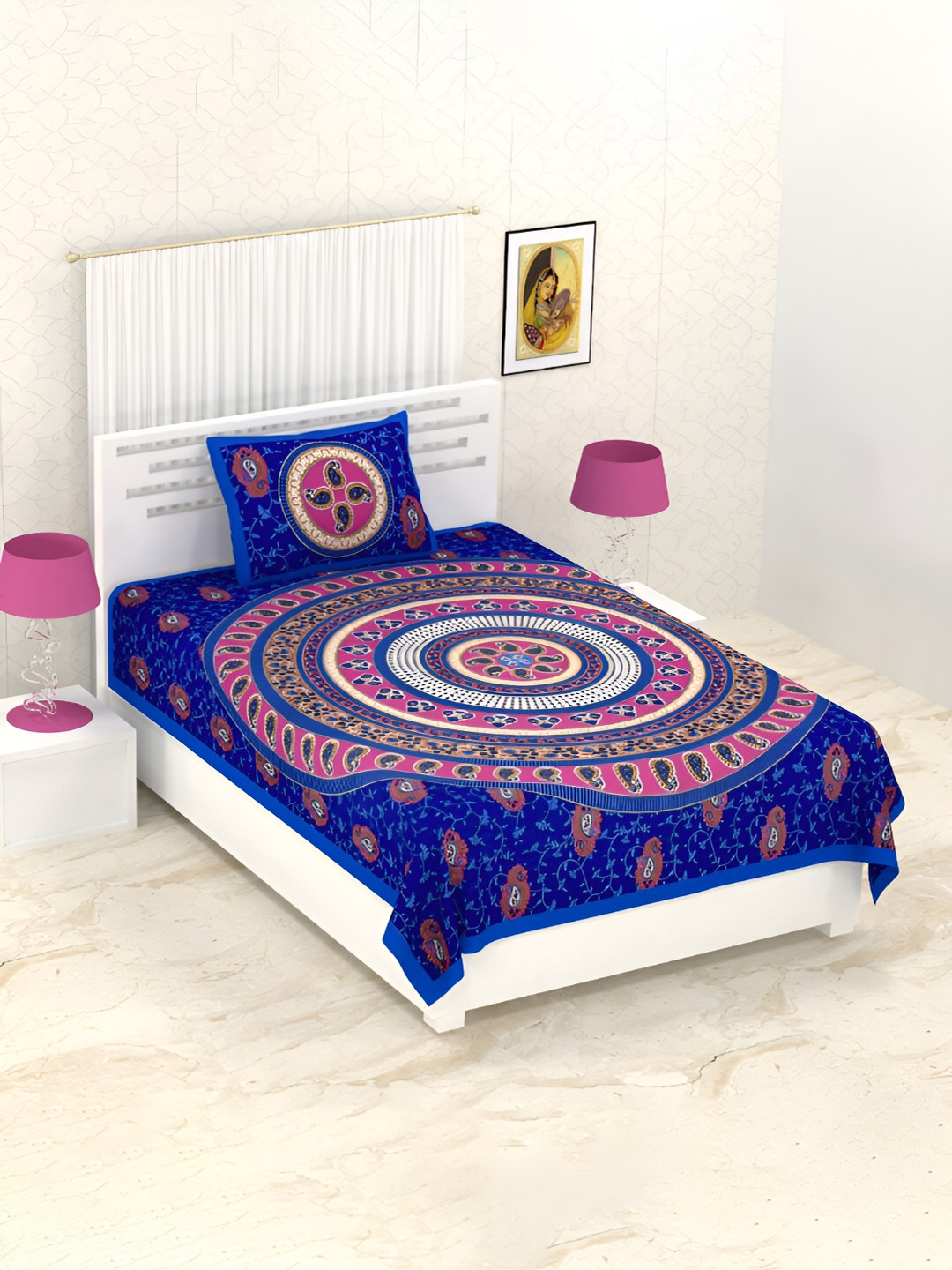 

POORAK Blue & Pink Ethnic Motifs Cotton 104 TC Single Bedsheet with 1 Pillow Covers