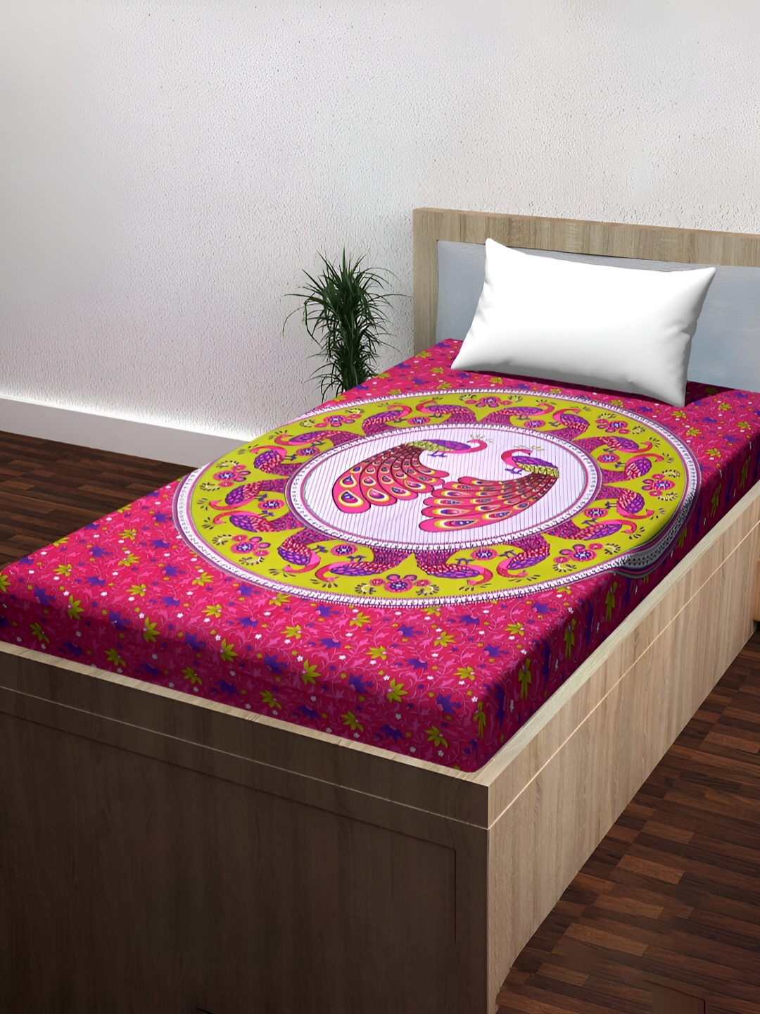 

POORAK Pink & Purple Floral Cotton 104 TC Single Bedsheet with 1 Pillow Covers
