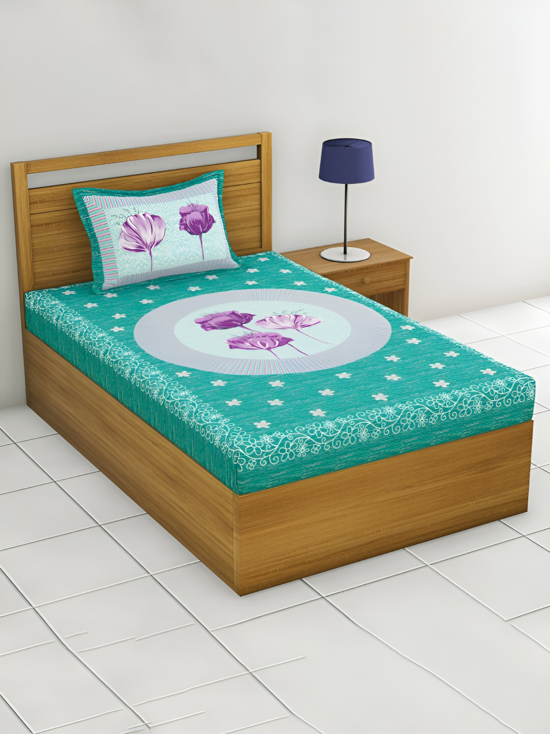 

POORAK Green & White Floral Cotton 104 TC Single Bedsheet with 1 Pillow Covers