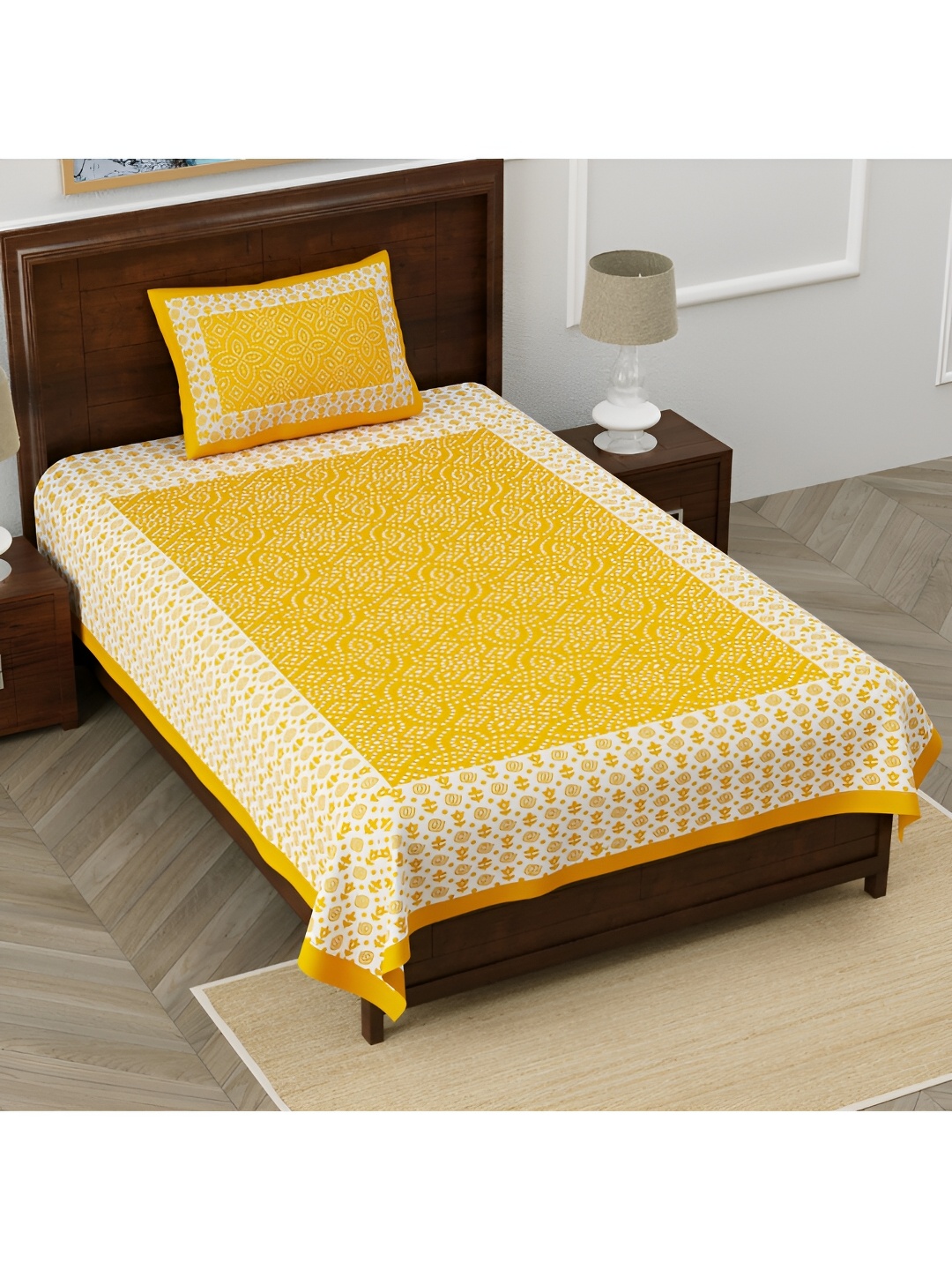 

POORAK Yellow & White Ethnic Motifs Cotton 104 TC Single Bedsheet with 1 Pillow Covers