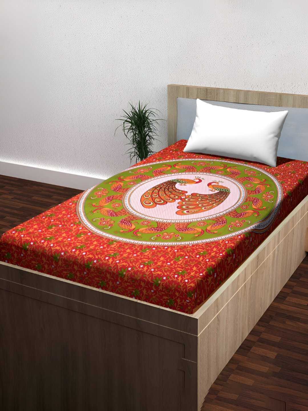 

POORAK Red & Green Floral Cotton 104 TC Single Bedsheet With 1 Pillow Cover