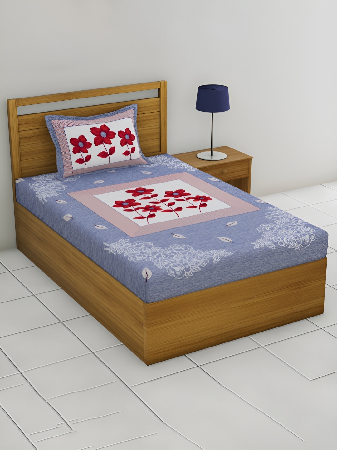 

POORAK Blue & White Floral Cotton 104 TC Single Bedsheet with 1 Pillow Covers