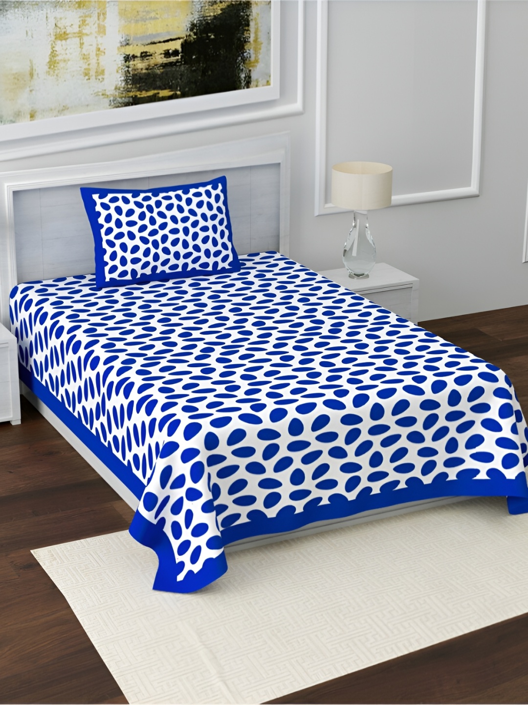 

POORAK Blue & White Geometric 104 TC Cotton Single Bedsheet with 1 Pillow Covers